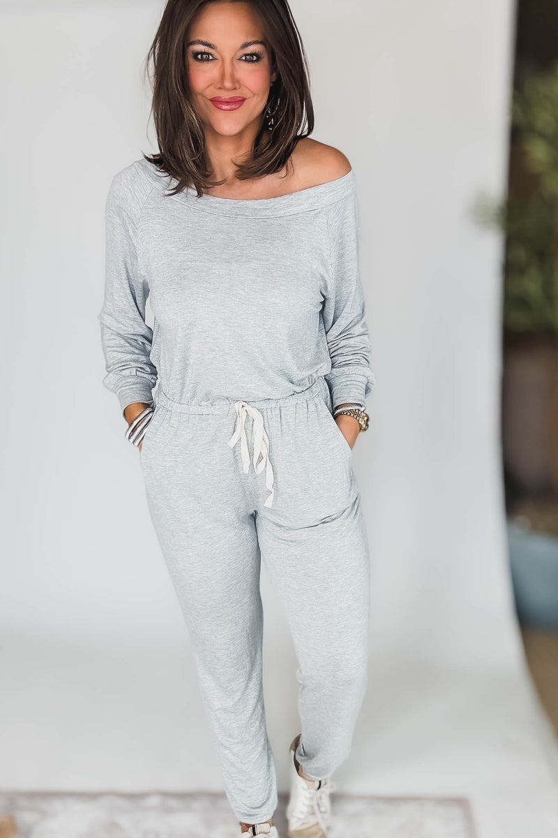Off Shoulder Heather Grey Drawstring Jumpsuit