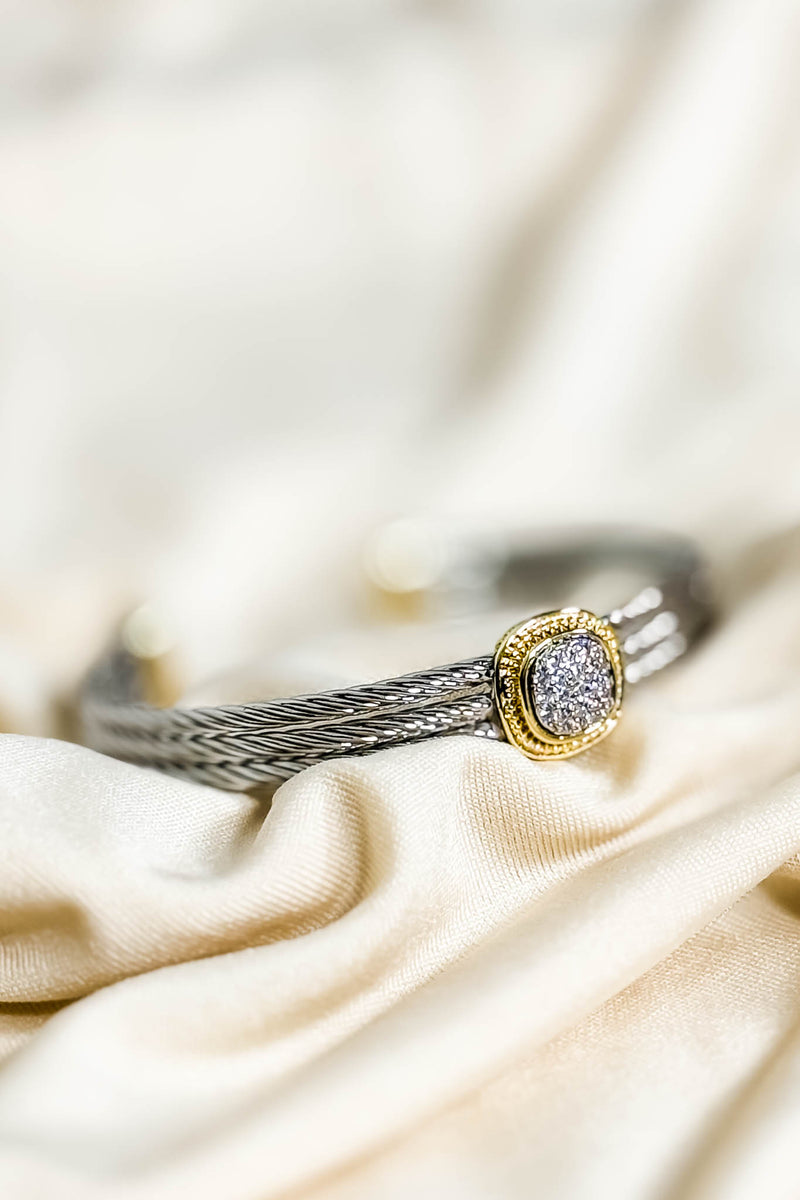 Two Tone CZ Stone Paved Square Cuff Bracelet