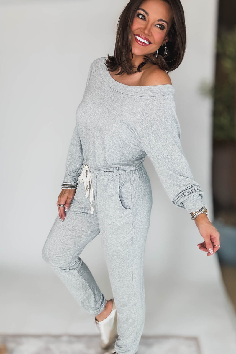 Off Shoulder Heather Grey Drawstring Jumpsuit