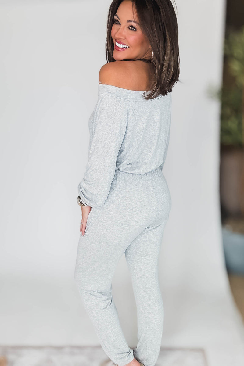 Off Shoulder Heather Grey Drawstring Jumpsuit