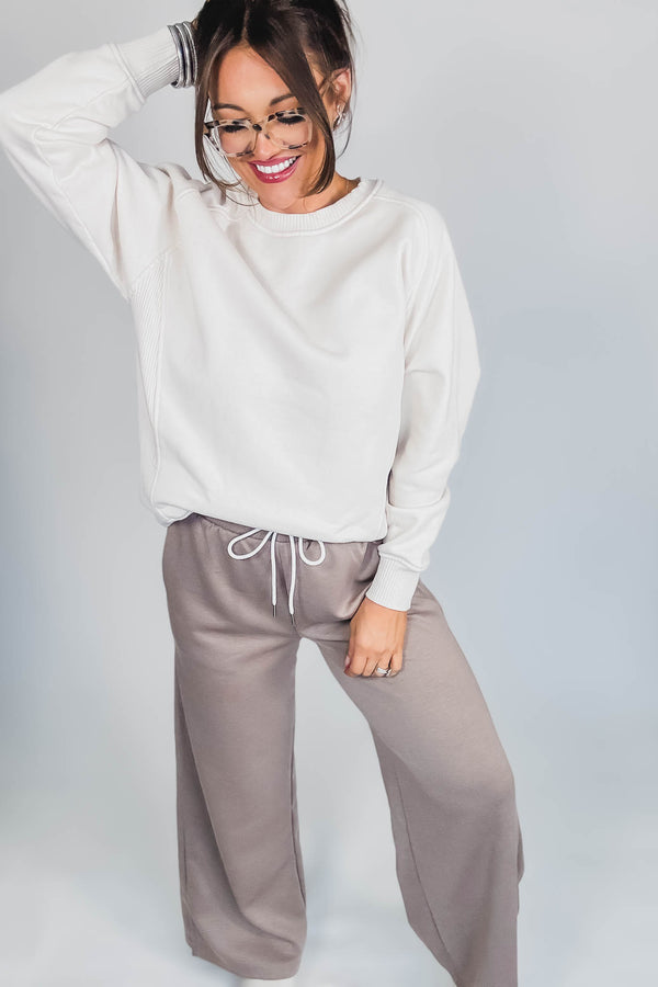 Gracie Sand Beige Fleece Round Neck Ribbed Side Raglan Sweatshirt