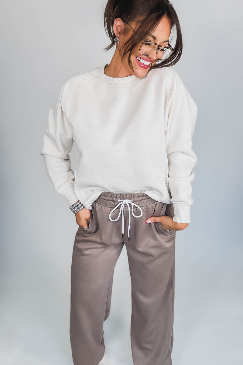 Gracie Sand Beige Fleece Round Neck Ribbed Side Raglan Sweatshirt
