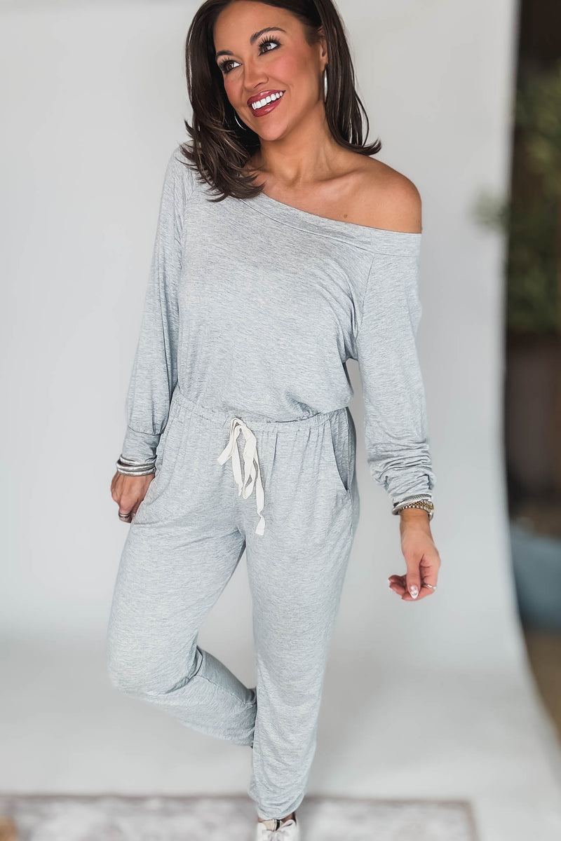Off Shoulder Heather Grey Drawstring Jumpsuit