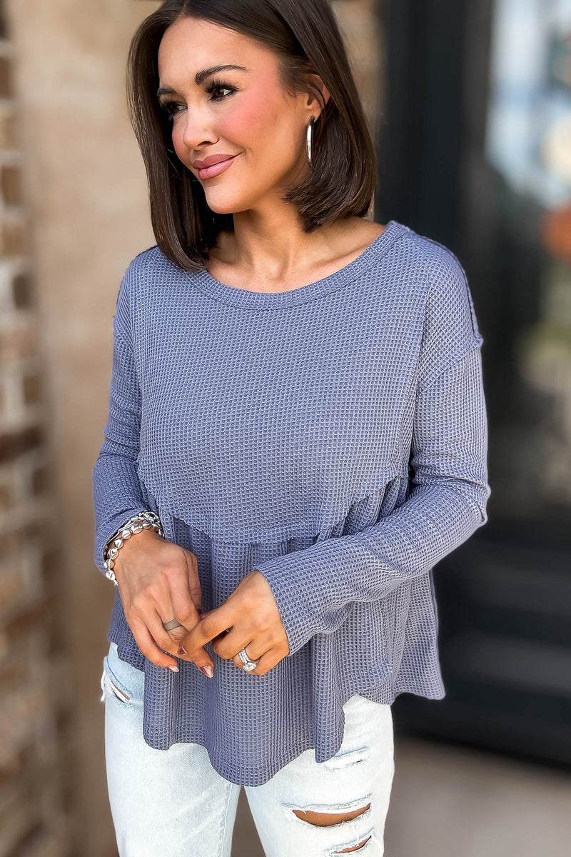 Mustard Seed Denim Flare Waffle Knit Top