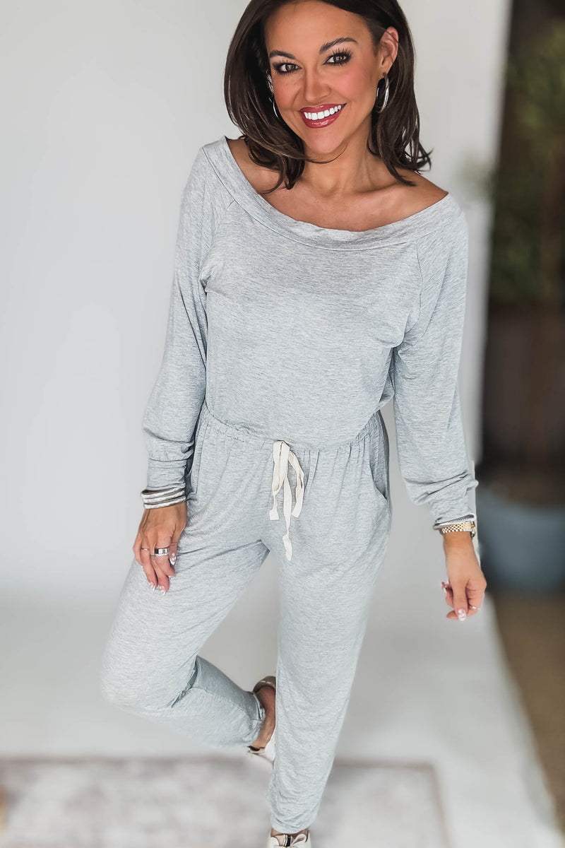 Off Shoulder Heather Grey Drawstring Jumpsuit