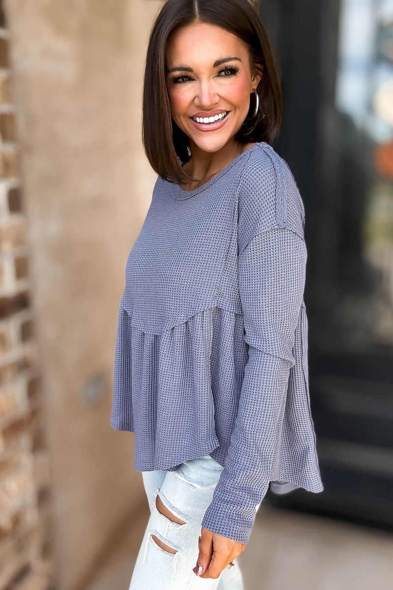 Mustard Seed Denim Flare Waffle Knit Top