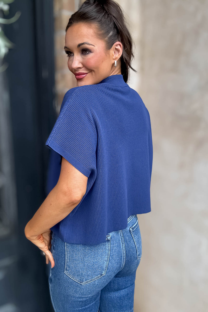 Let Her Be Herself Viscose Blue Mock Neck Short Sleeve Boxy Sweater
