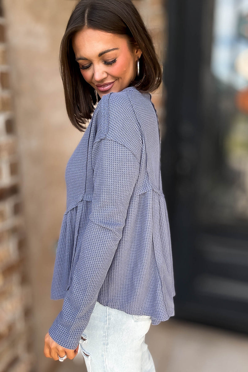 Mustard Seed Denim Flare Waffle Knit Top