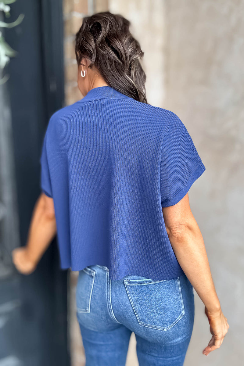 Let Her Be Herself Viscose Blue Mock Neck Short Sleeve Boxy Sweater