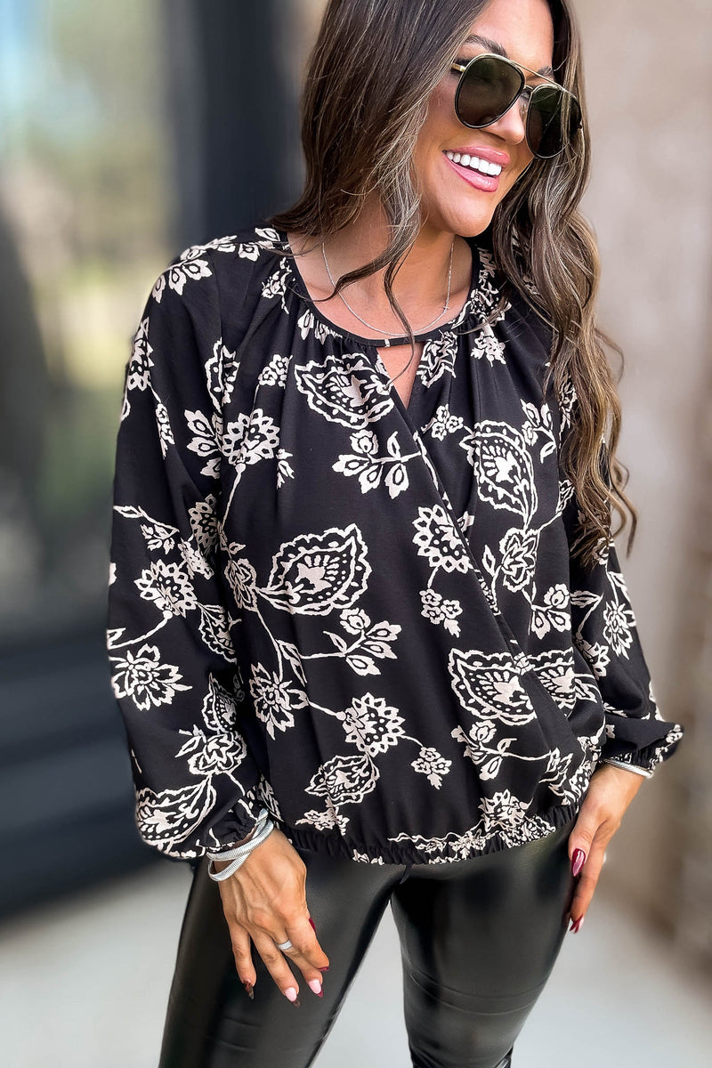 Black And Ivory Print Surplice Top