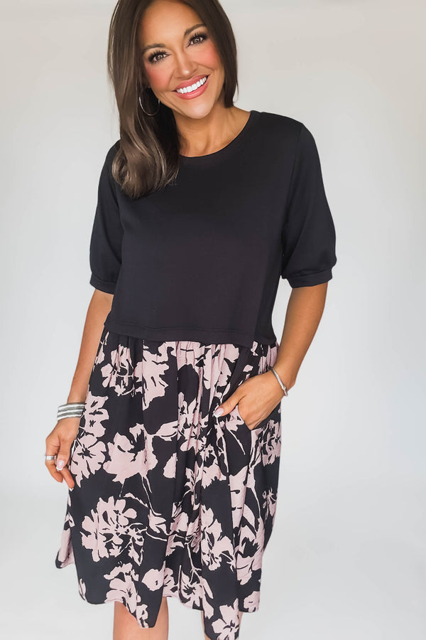 Short Sleeve Color Block Floral Print Pocket Dress