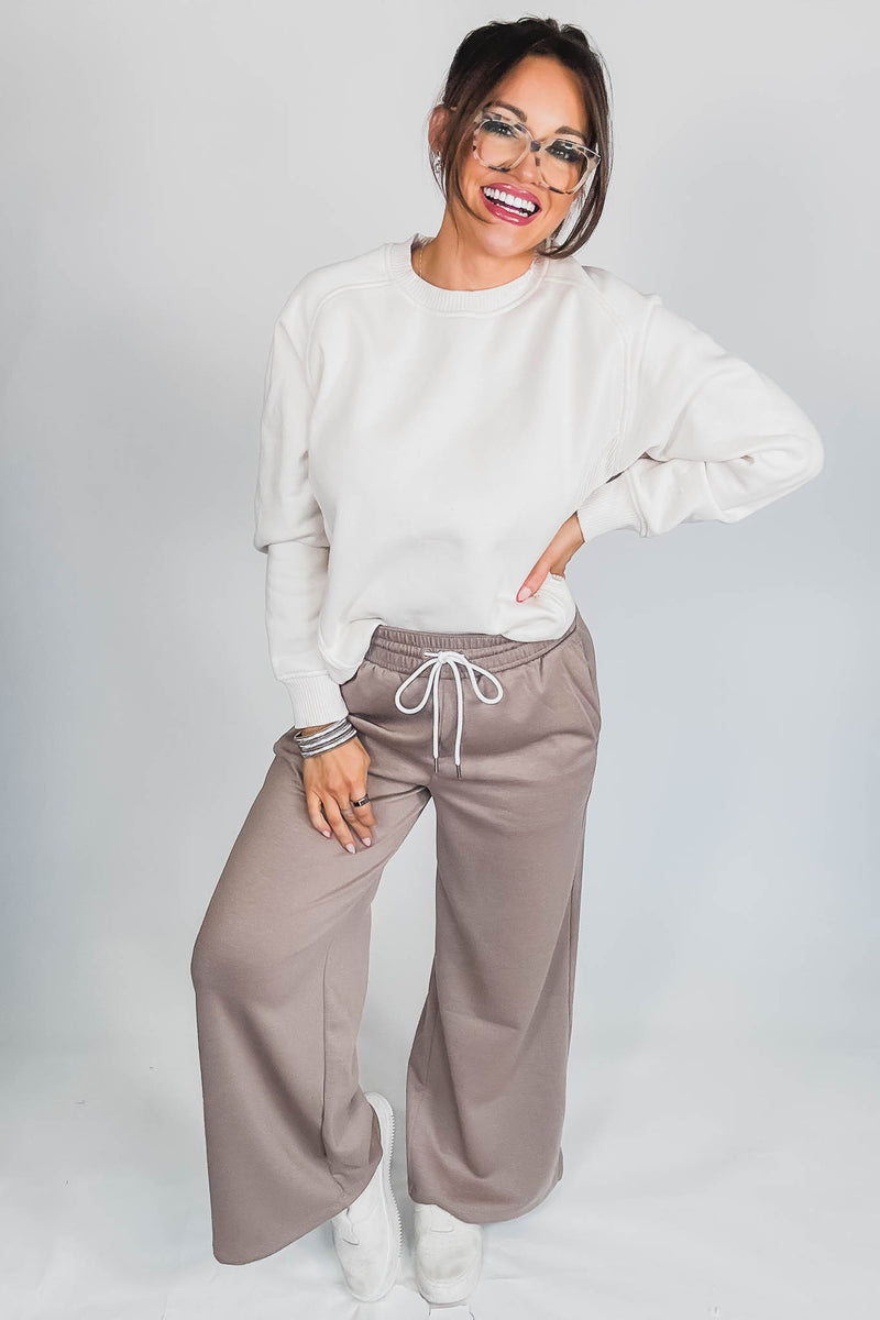Gracie Sand Beige Fleece Round Neck Ribbed Side Raglan Sweatshirt