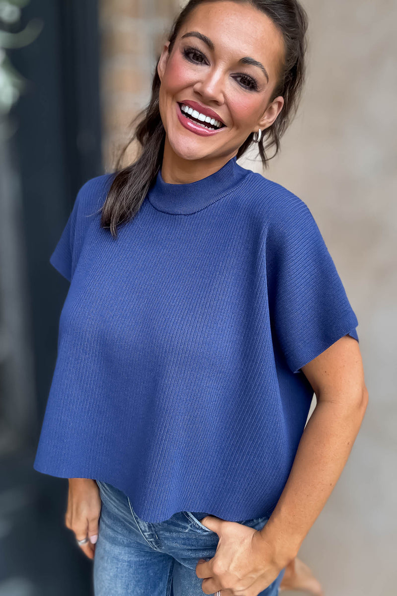 Let Her Be Herself Viscose Blue Mock Neck Short Sleeve Boxy Sweater
