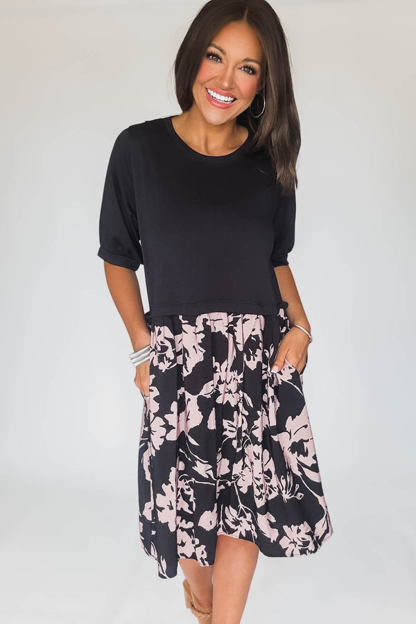 Short Sleeve Color Block Floral Print Pocket Dress