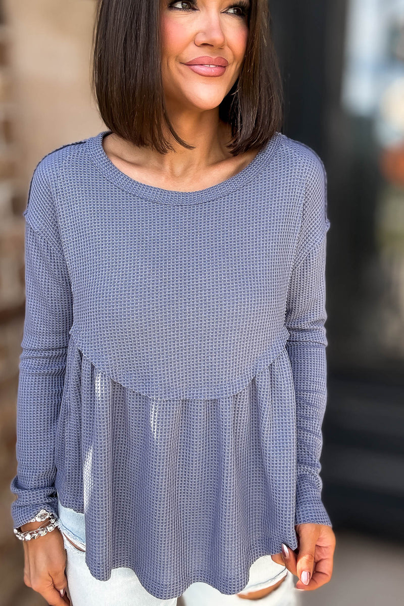 Mustard Seed Denim Flare Waffle Knit Top