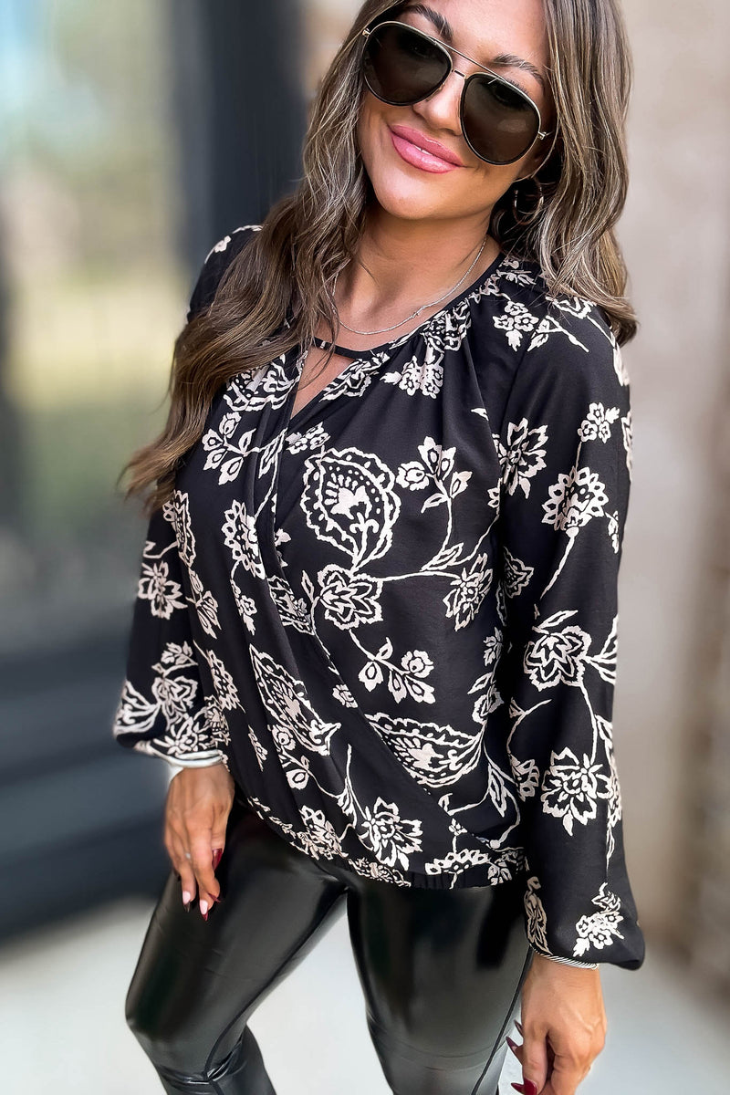 Black And Ivory Print Surplice Top