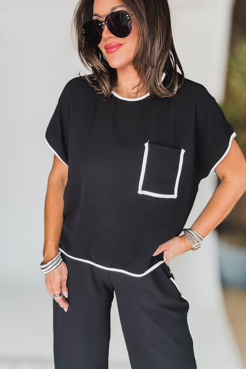 Black And White Contrast Front Pocket Airflow Top