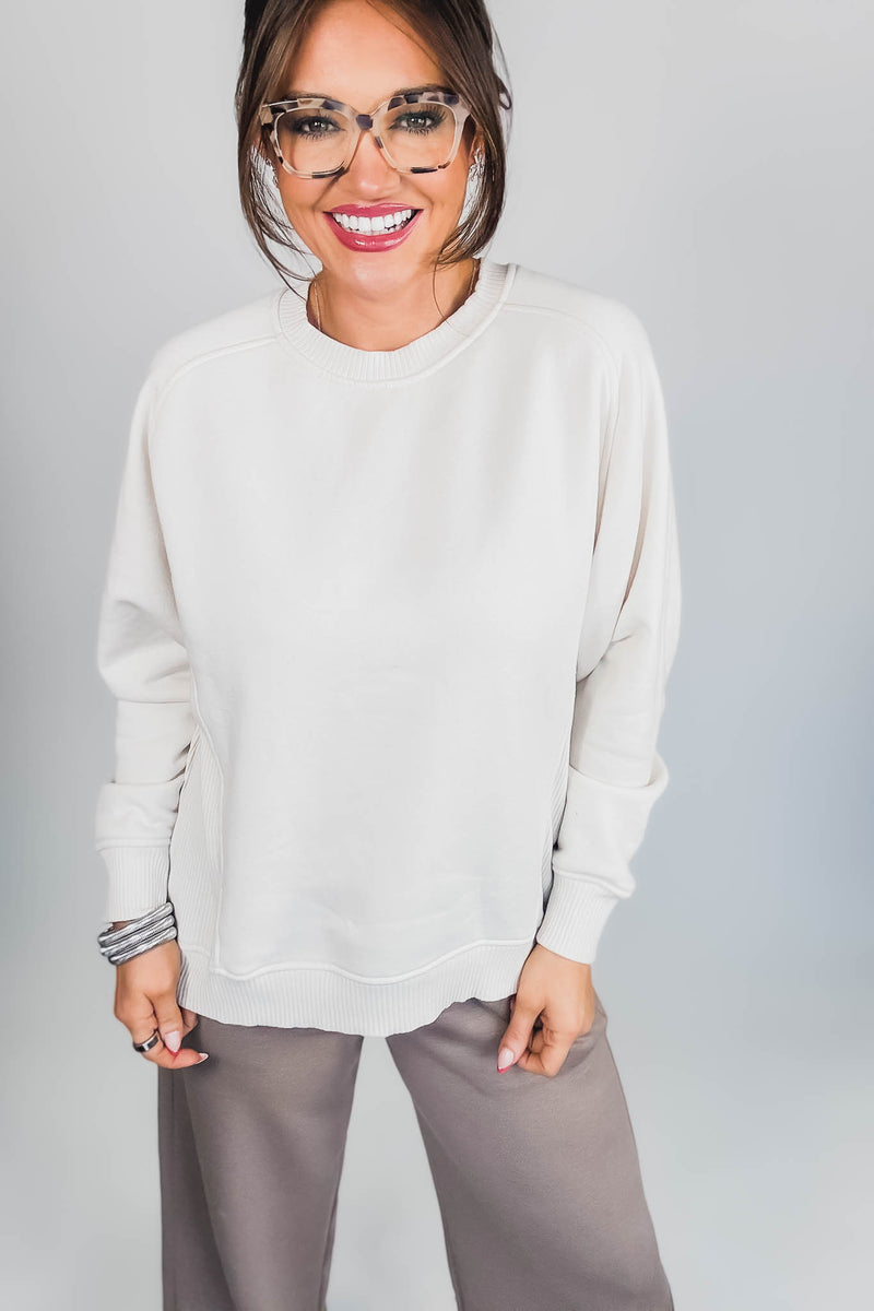 Gracie Sand Beige Fleece Round Neck Ribbed Side Raglan Sweatshirt
