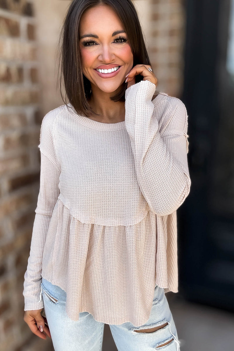 Mustard Seed Beige Flare Waffle Knit Top