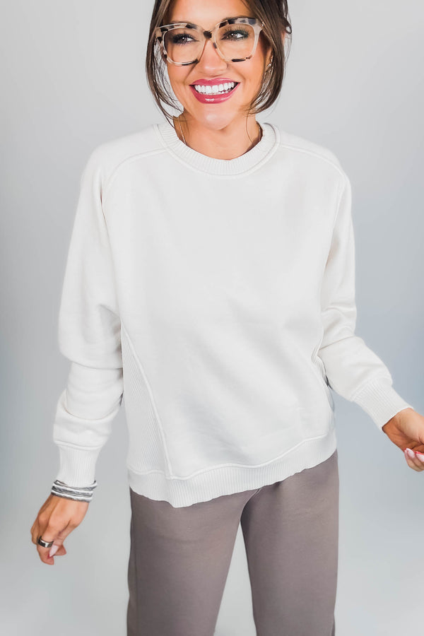 Gracie Sand Beige Fleece Round Neck Ribbed Side Raglan Sweatshirt
