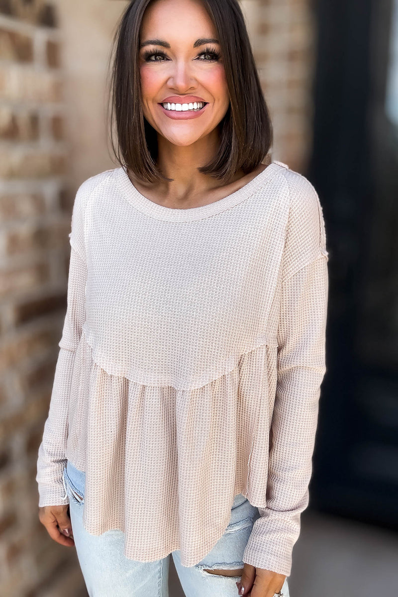 Mustard Seed Beige Flare Waffle Knit Top