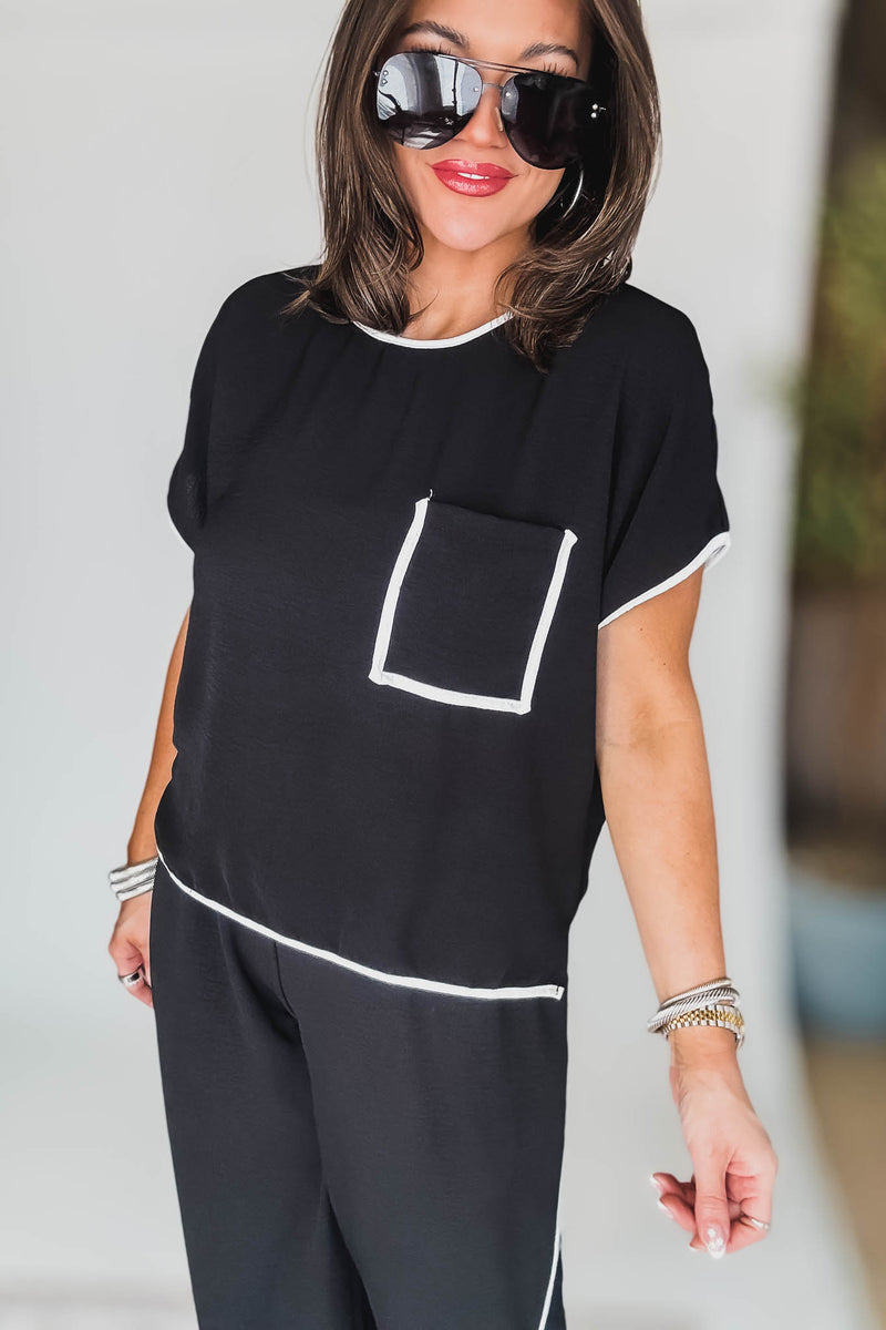 Black And White Contrast Front Pocket Airflow Top