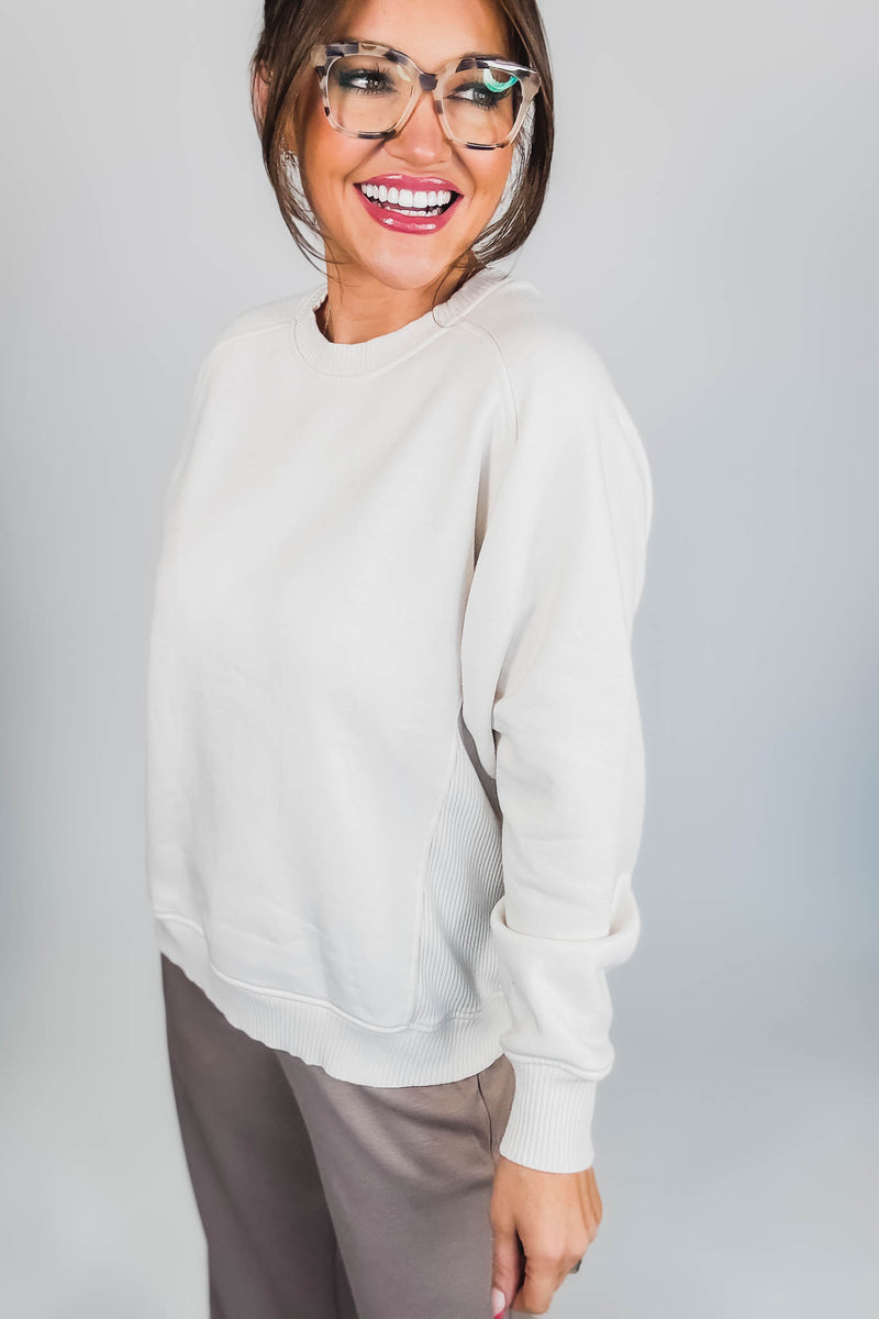 Gracie Sand Beige Fleece Round Neck Ribbed Side Raglan Sweatshirt