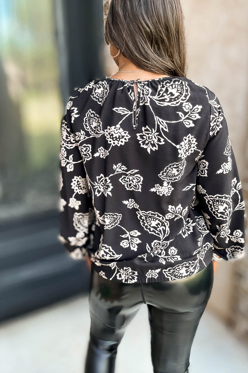 Black And Ivory Print Surplice Top