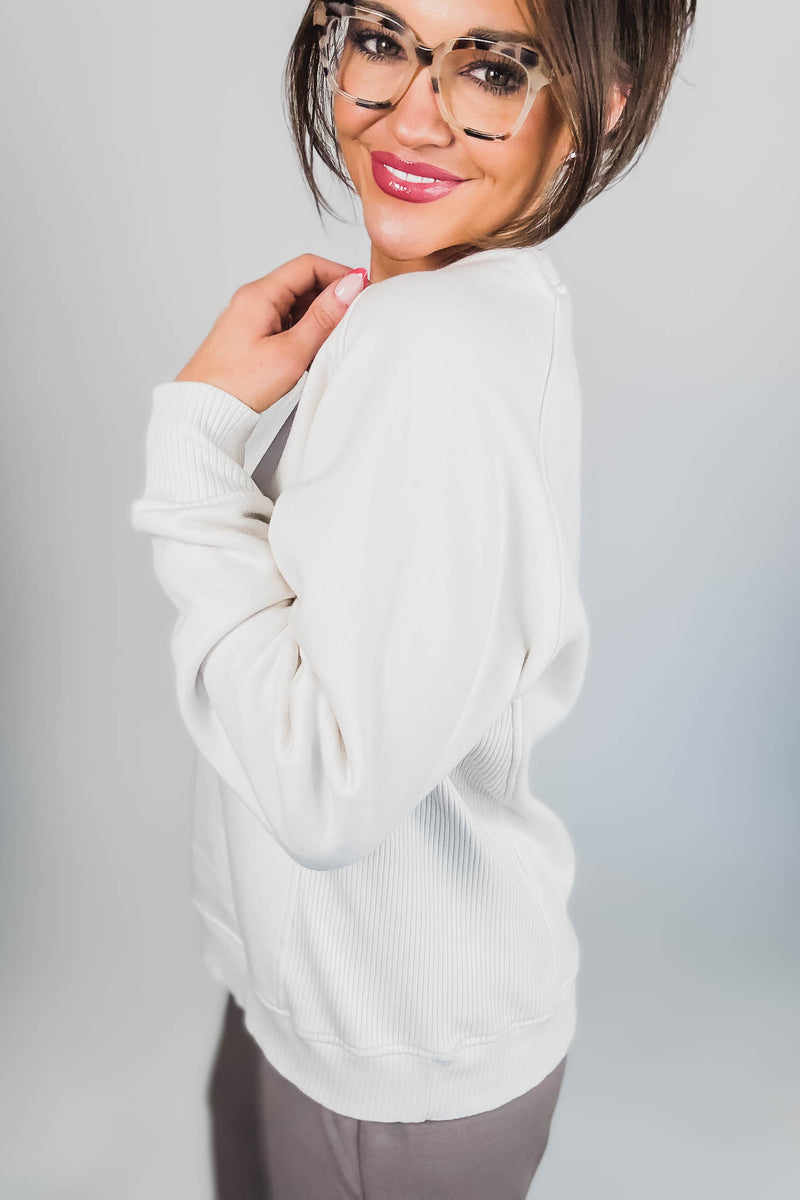 Gracie Sand Beige Fleece Round Neck Ribbed Side Raglan Sweatshirt