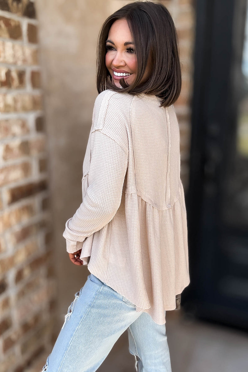 Mustard Seed Beige Flare Waffle Knit Top