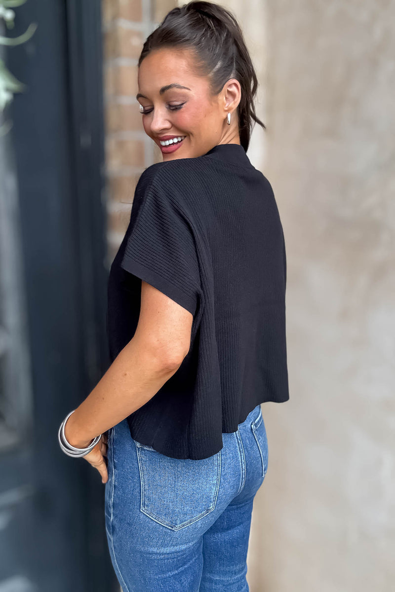 Let Her Be Herself Viscose Black Mock Neck Short Sleeve Boxy Sweater