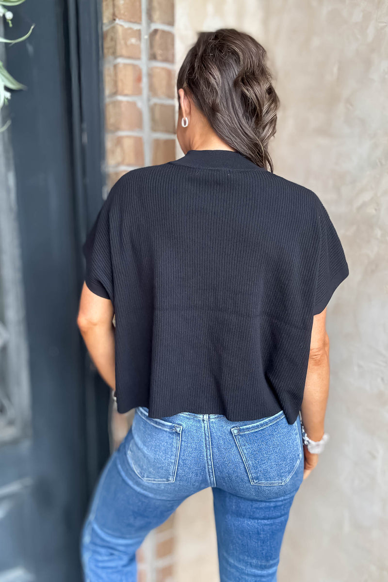 Let Her Be Herself Viscose Black Mock Neck Short Sleeve Boxy Sweater