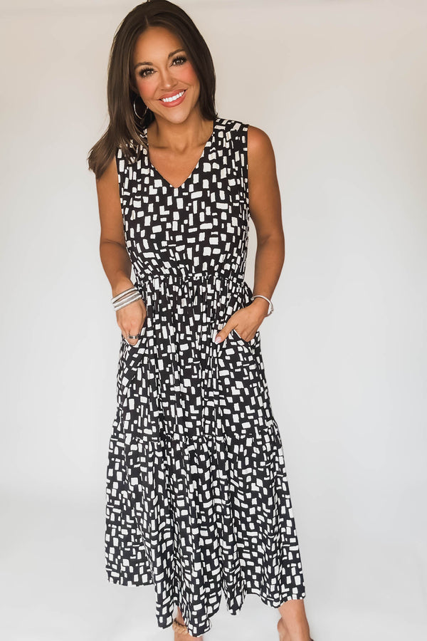 Geo Print V Neck Tiered Layered Midi Dress