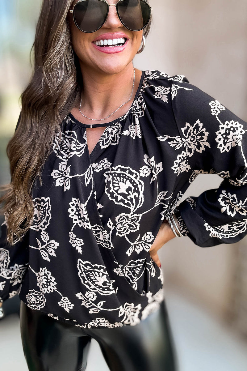 Black And Ivory Print Surplice Top