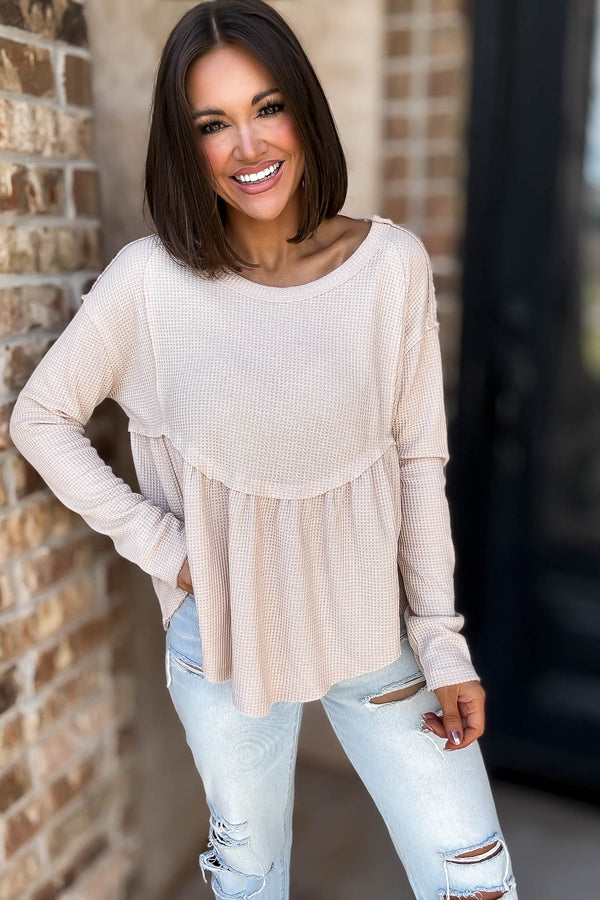 Mustard Seed Beige Flare Waffle Knit Top