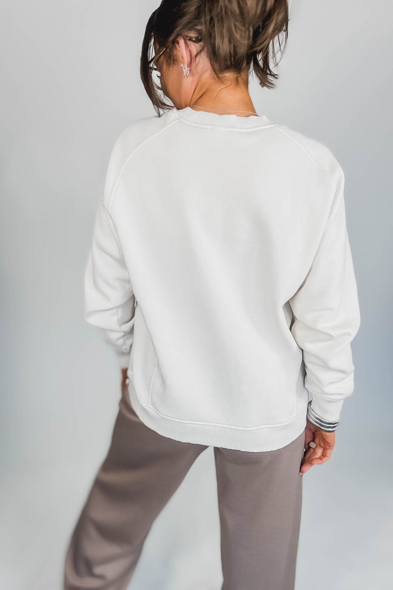 Gracie Sand Beige Fleece Round Neck Ribbed Side Raglan Sweatshirt