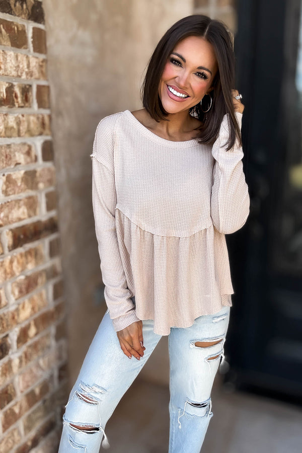 Mustard Seed Beige Flare Waffle Knit Top