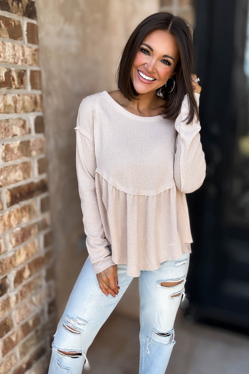 Mustard Seed Beige Flare Waffle Knit Top