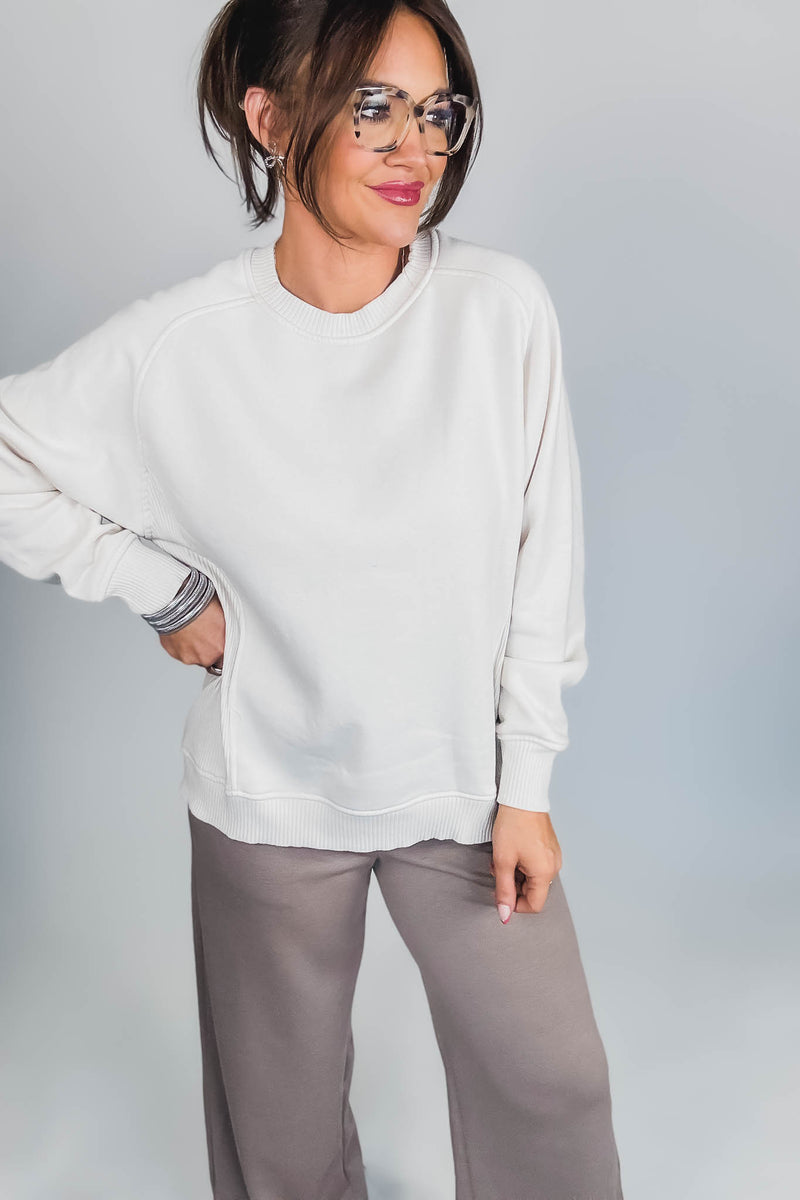 Gracie Sand Beige Fleece Round Neck Ribbed Side Raglan Sweatshirt