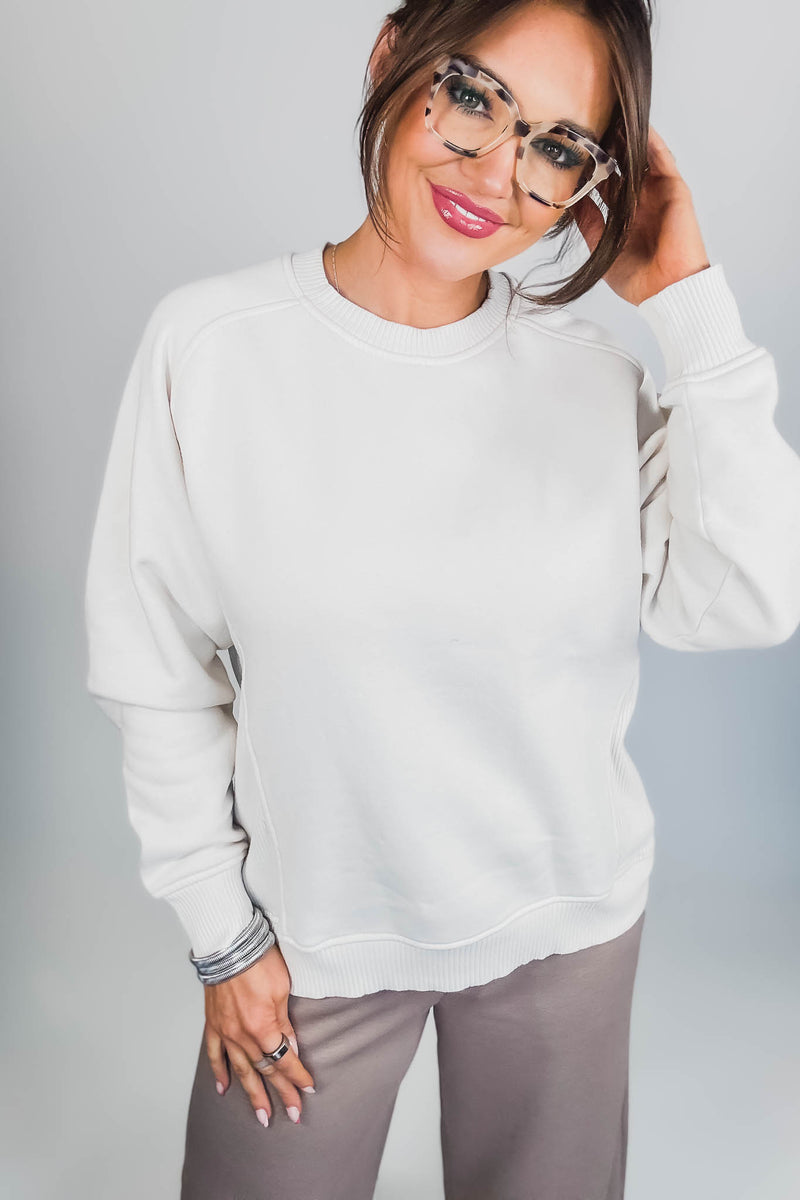 Gracie Sand Beige Fleece Round Neck Ribbed Side Raglan Sweatshirt