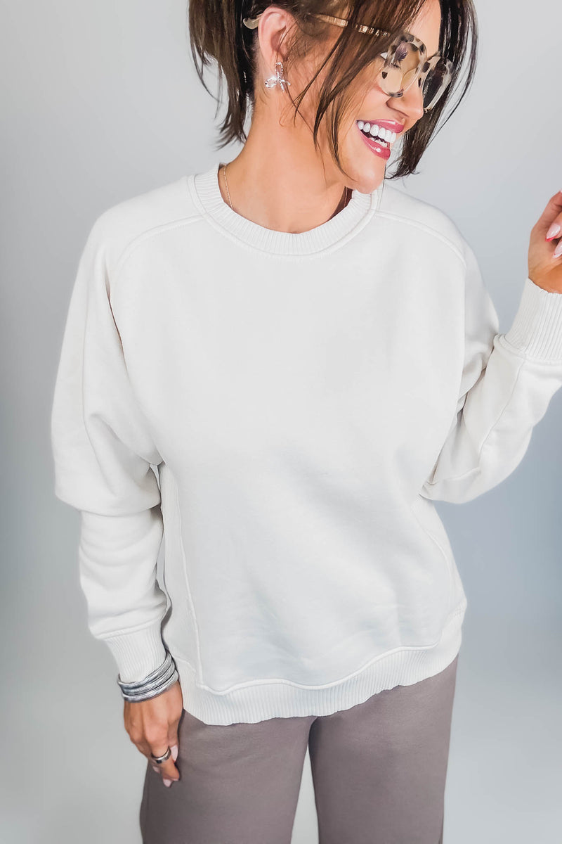 Gracie Sand Beige Fleece Round Neck Ribbed Side Raglan Sweatshirt