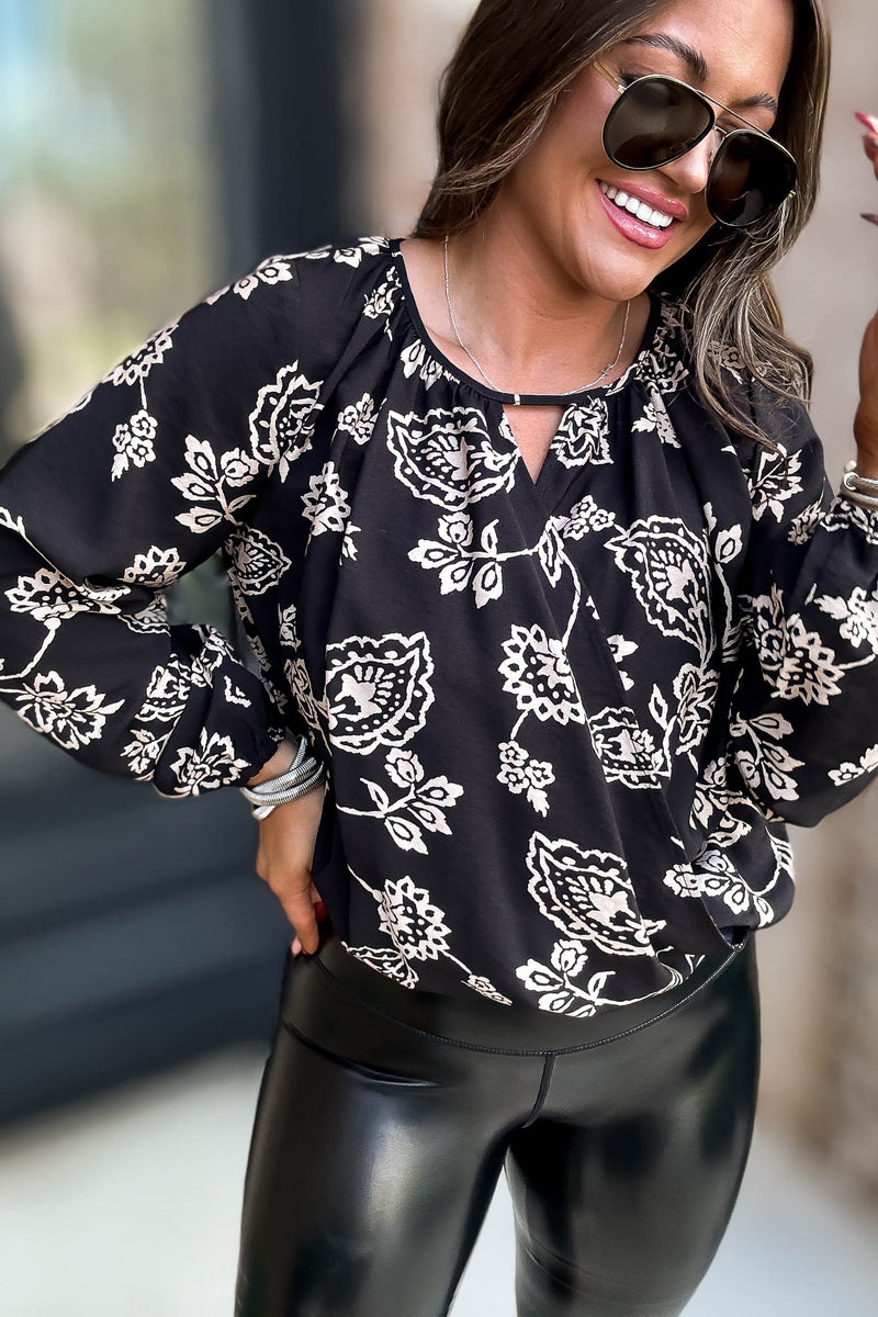Black And Ivory Print Surplice Top