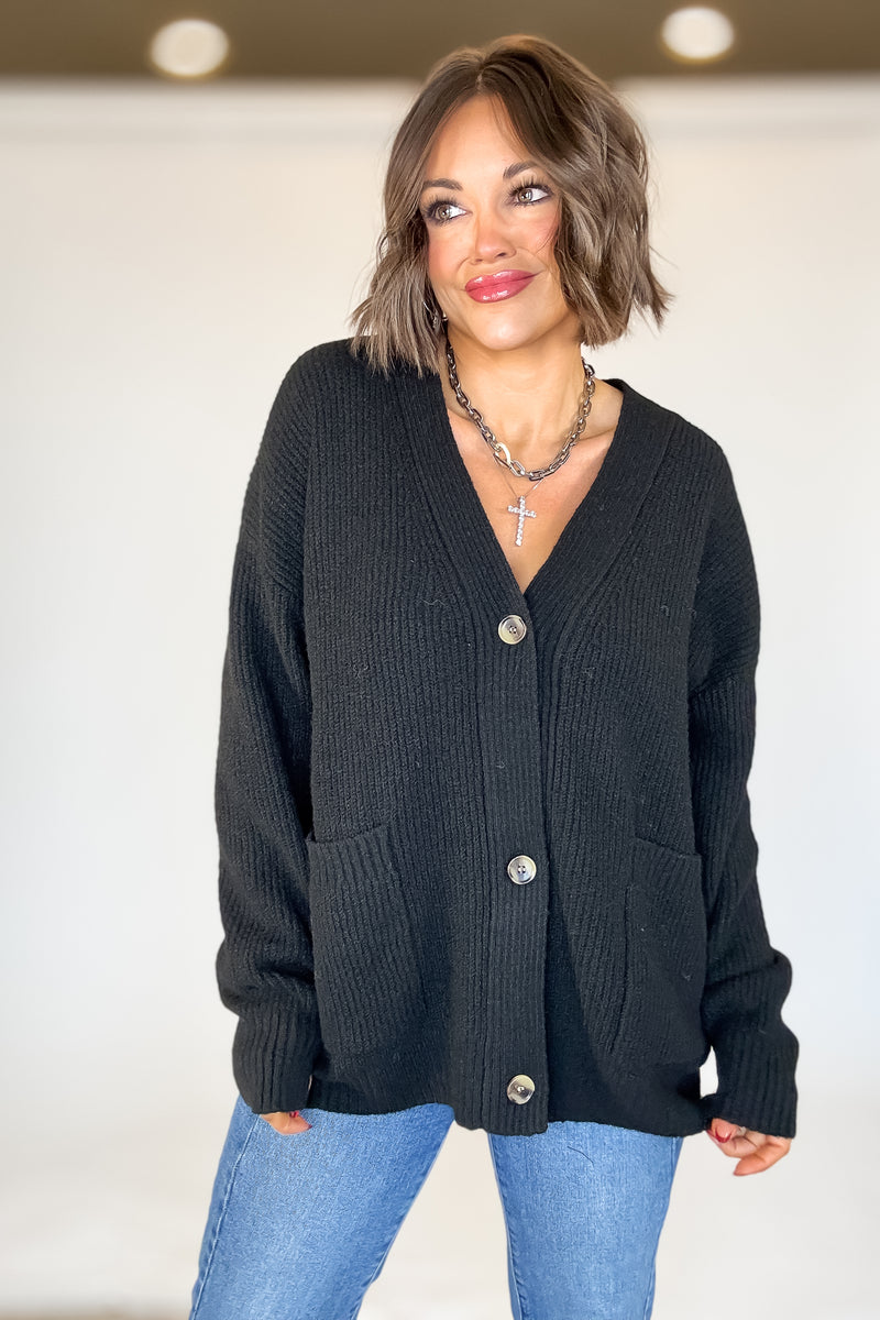 Black Oversized Sweater Cardigan With Front Pockets