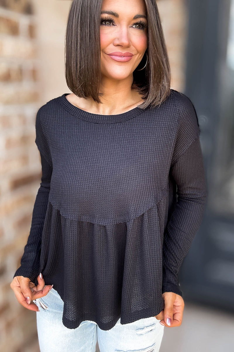 Mustard Seed Black Flare Waffle Knit Top