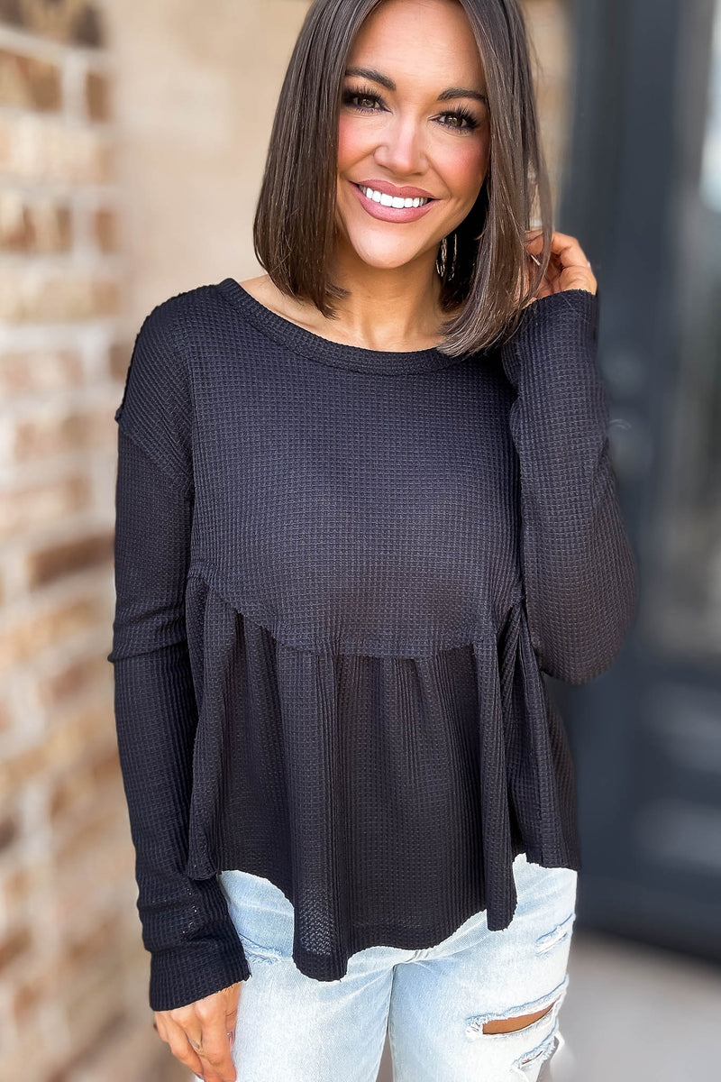 Mustard Seed Black Flare Waffle Knit Top