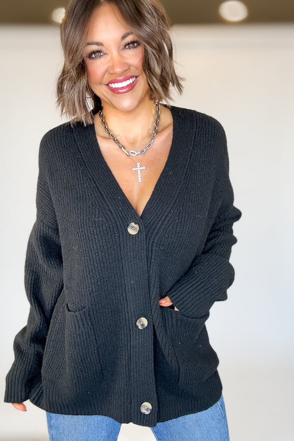 Black Oversized Sweater Cardigan With Front Pockets