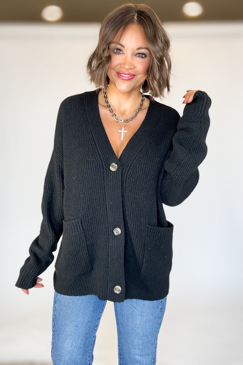 Black Oversized Sweater Cardigan With Front Pockets