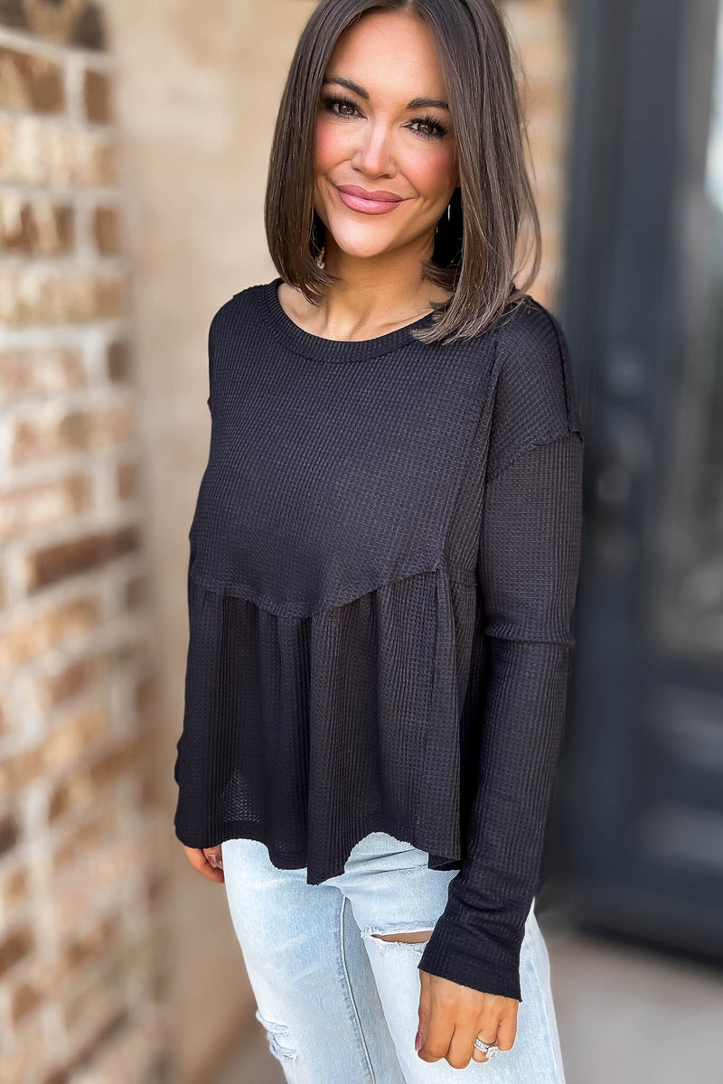 Mustard Seed Black Flare Waffle Knit Top