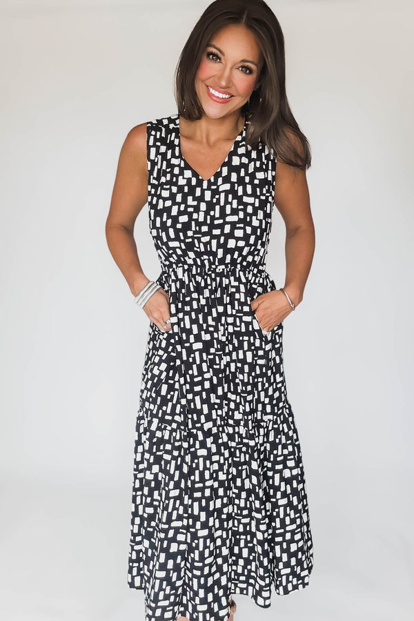 Geo Print V Neck Tiered Layered Midi Dress
