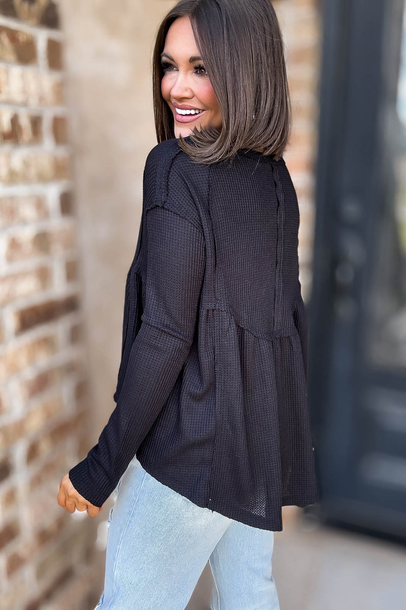Mustard Seed Black Flare Waffle Knit Top
